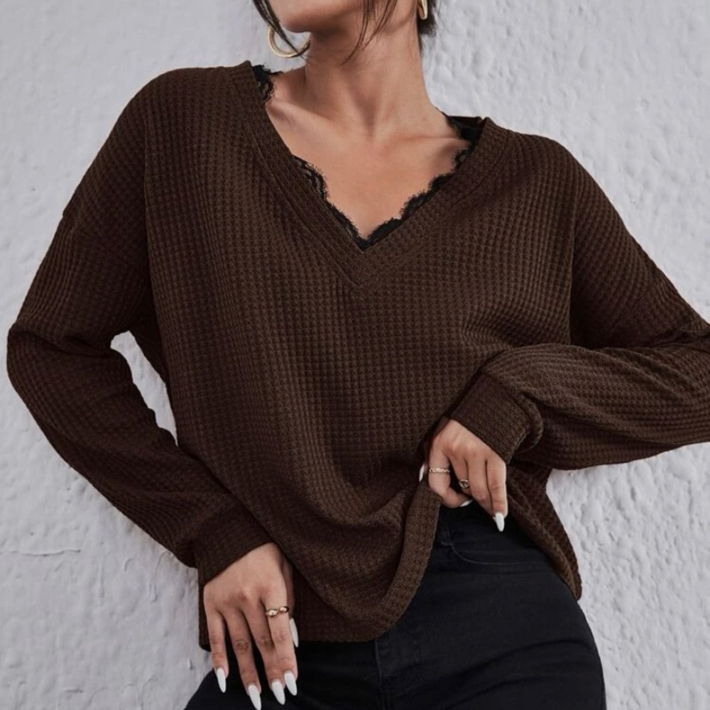 Eyelash Lace Trim Waffle Knit Pullover Top size XS